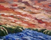 River Rise, Colorful, Movement, Landscape Painting, Bold Color, Movement, River, Sky, Mountains, Fine Art, Home Design.