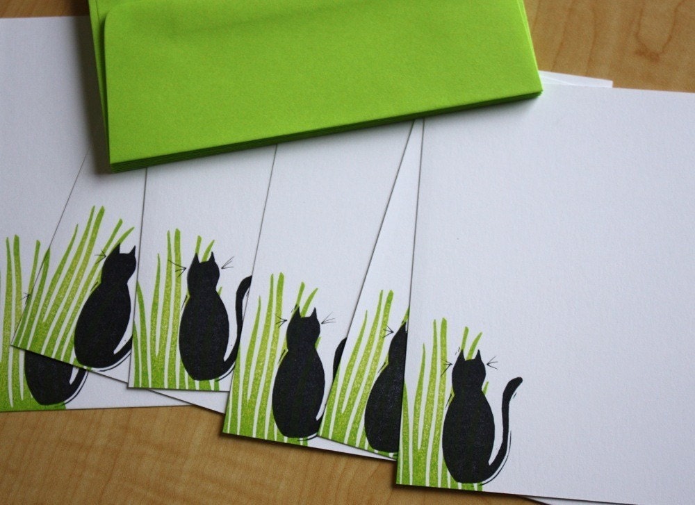 Black Cat in Grass - Handmade Stationery - Set of 6
