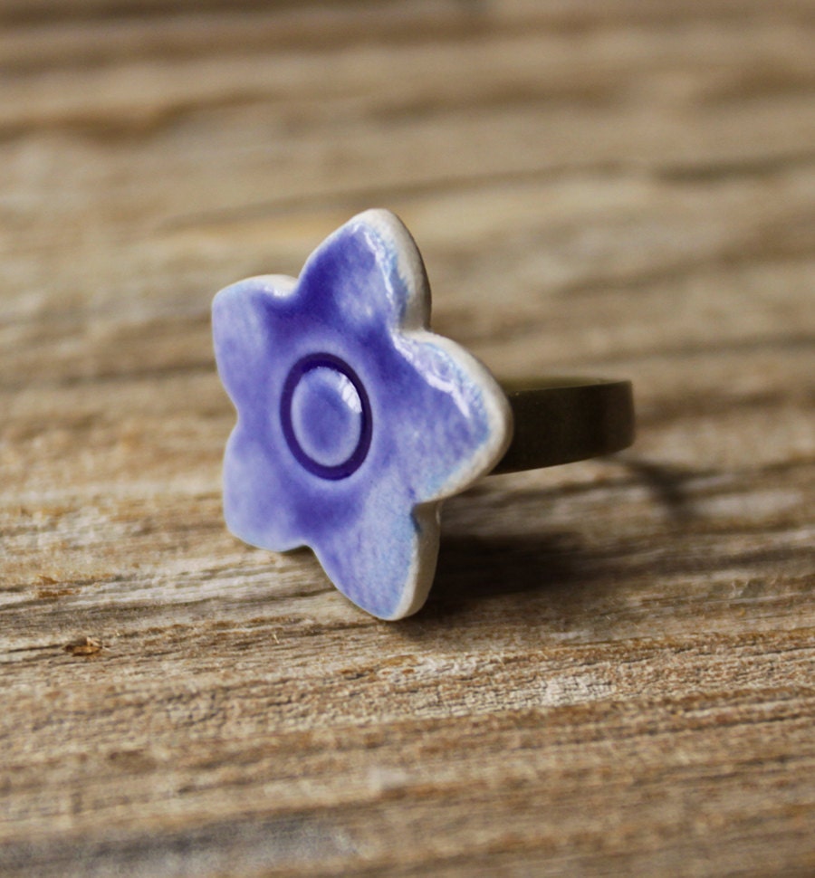 Denim Blue Porcelain Flower Adjustable Ring