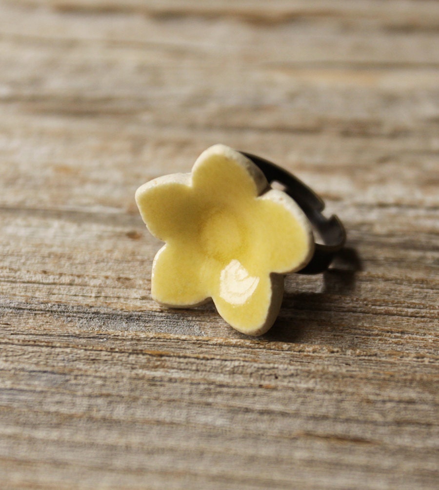 Yellow Porcelain Flower Adjustable Ring