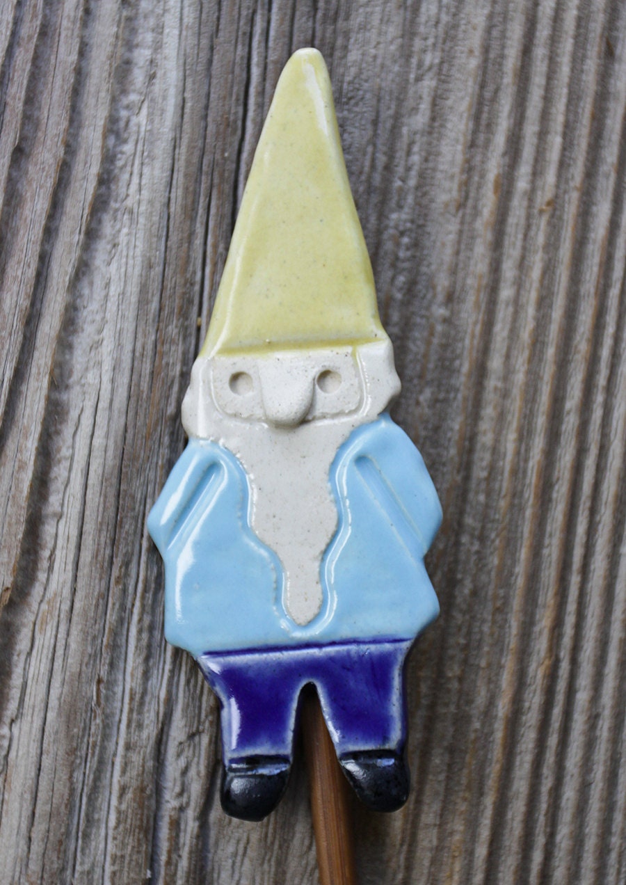 Handmade Pottery Gnome Garden Stake by Ceramic Artist Tasha McKelvey