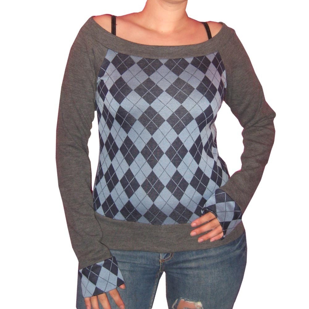 Diy Blue Argyle Off the Shoulder Top
