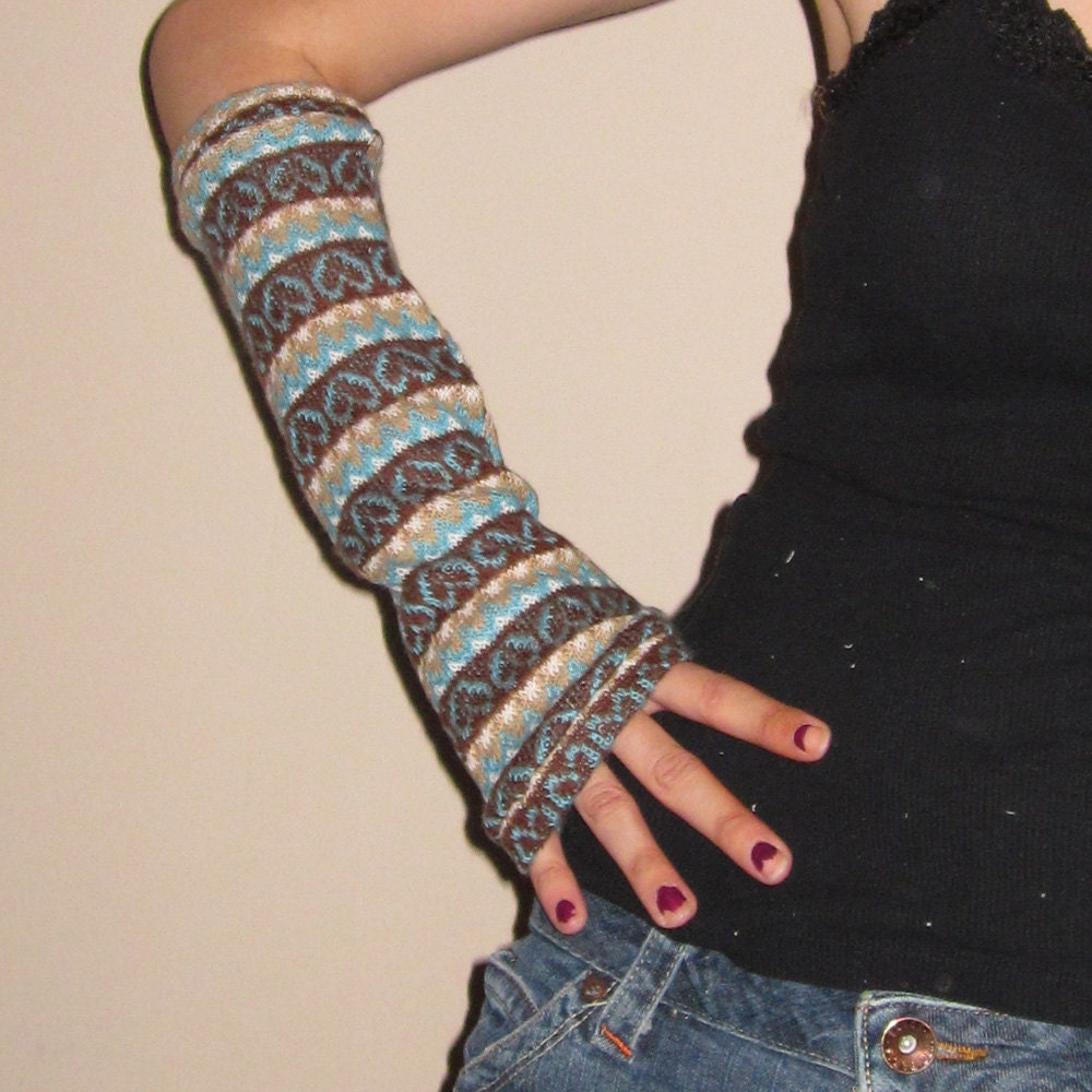Blue Brown and White with Hearts Arm Warmers