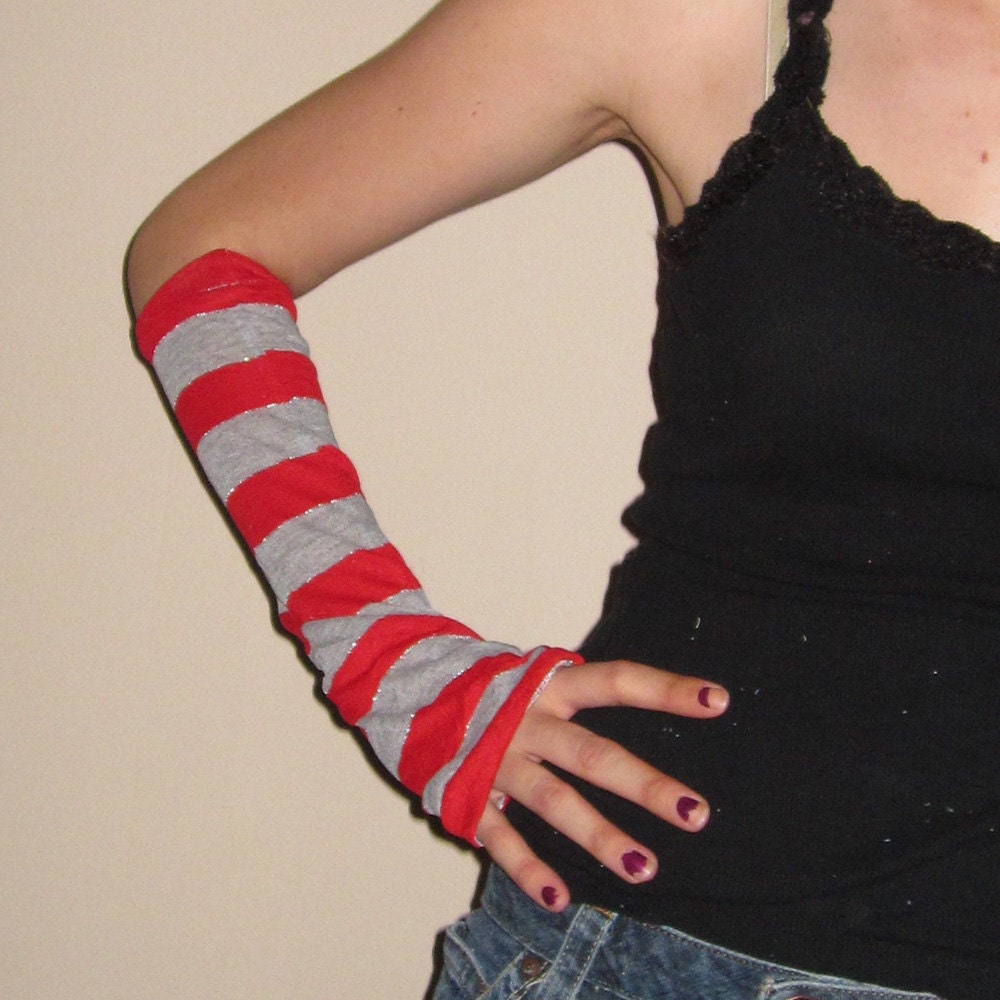 Red and Gray Striped Arm Warmers