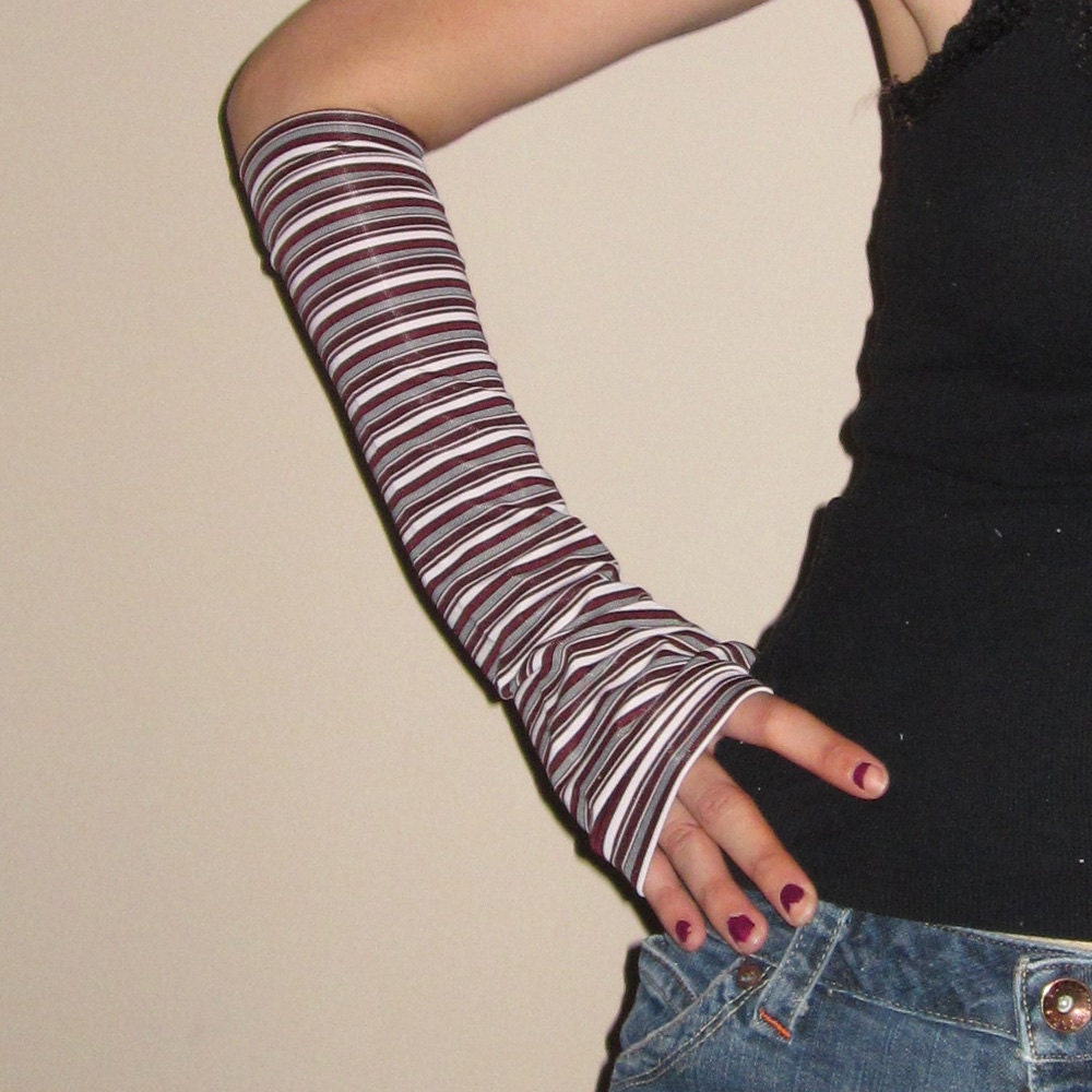 Maroon Black and White Striped Arm Warmers