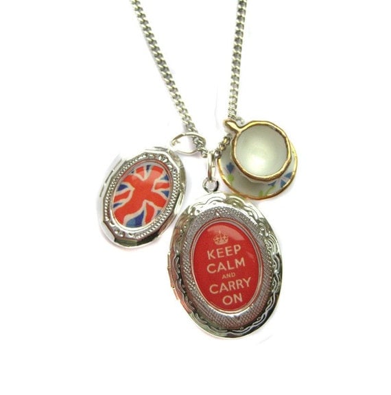 Keep Calm Carry On Locket Union Jack and Tea Cup Charm Necklace from Hoolala
