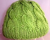 Hand Knit Newborn Baby Hat in Green Natural fiber- Cabled - warm winter cap - boy or girl