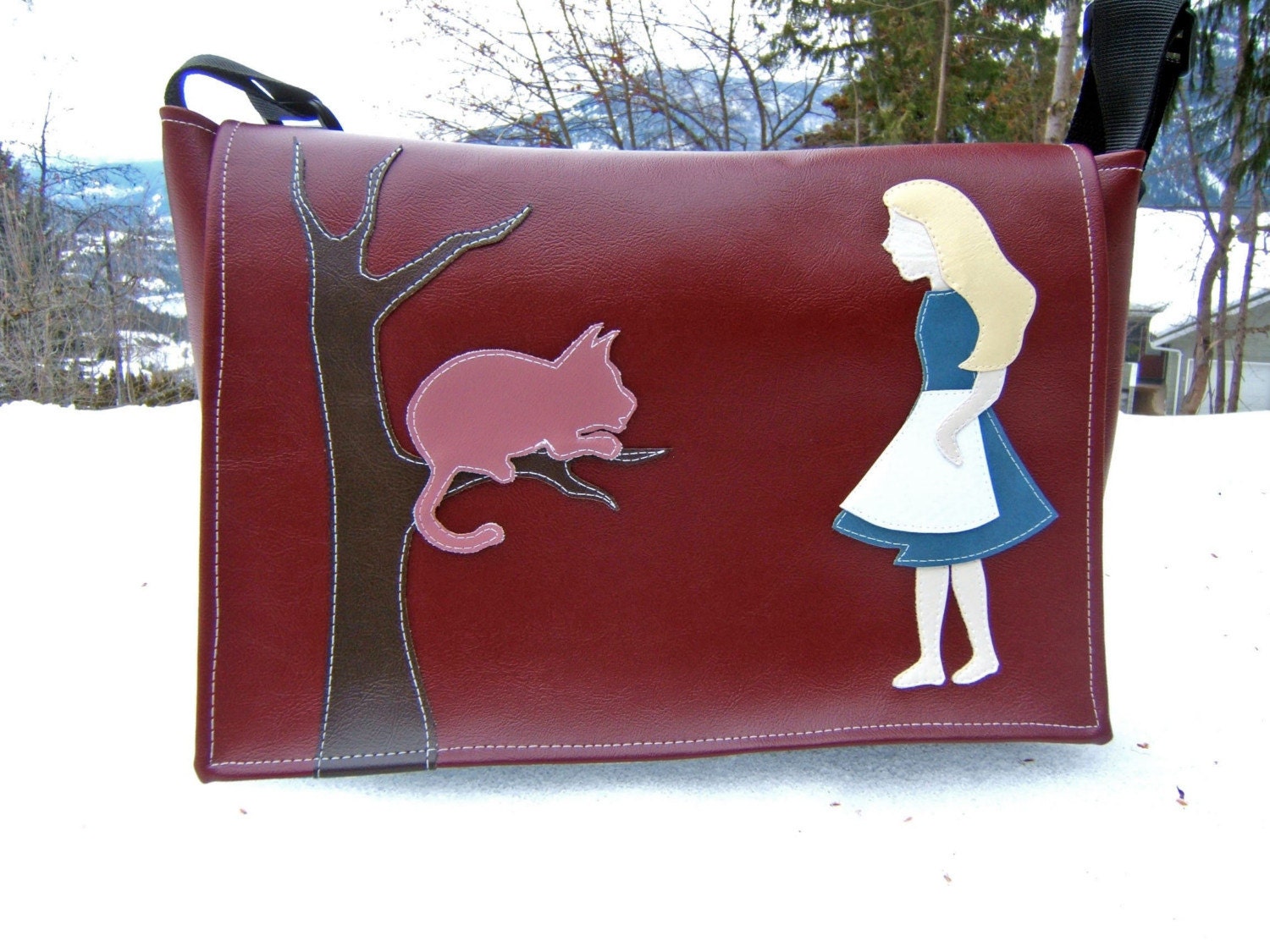 Burgundy Vinyl Alice in Wonderland Messenger Bag