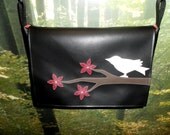 Cherry Blossoms and Bird Black Vinyl Messenger Bag