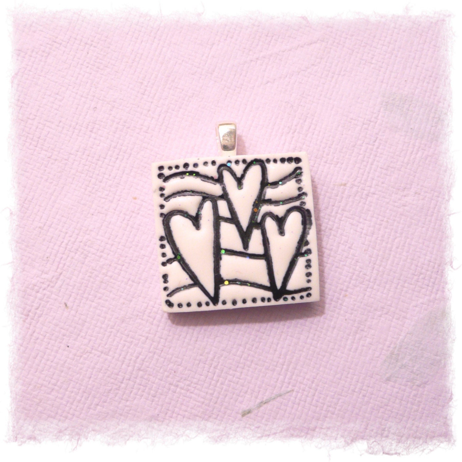Three Hearts Pendant Black and White polymer clay jewelry