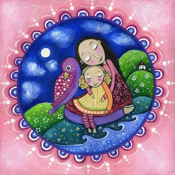 Mother and child art print little bird nursery wall decor babys room girls whimsical folk art book illustration - "A Little Bird Told Me"