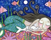 Mermaid Art Print dolphin 8 x 11 art for kids nursery childrens Wall Decor whimsical Folk painting inspirational picture - "Lullaby"