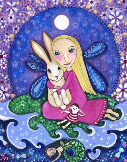 Girl with Rabbit Art Print - Whimsical Folk - Nursery Art - Childrens Wall Decor - 'Niamh'
