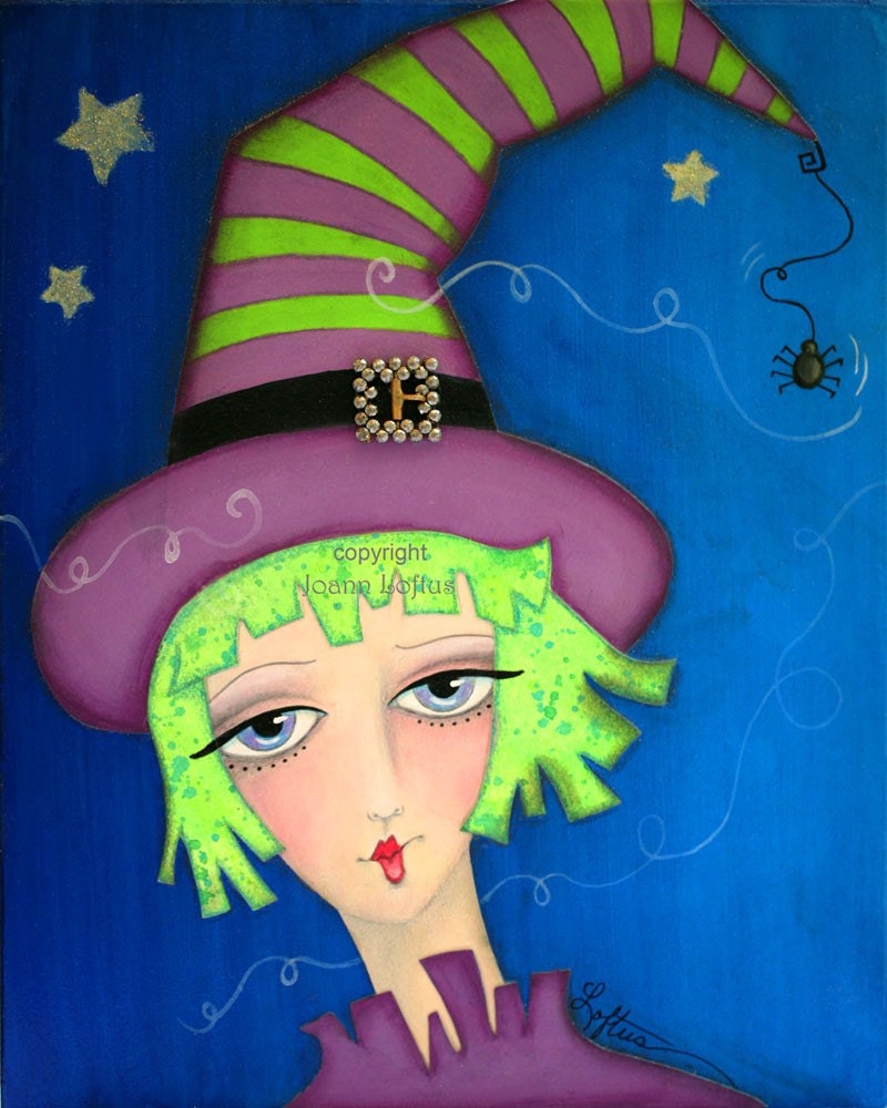 Halloween Art Print Whimsical Witch Funky Painting by Joann Loftus