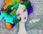 Whimsical Woman Girl Art Painting Print by Joann Loftus - Directionally Challenged