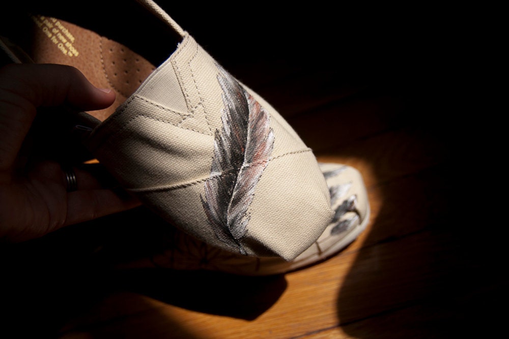 Limited Edition Custom TOMS Shoes - Dream Catcher and Feather on Natural