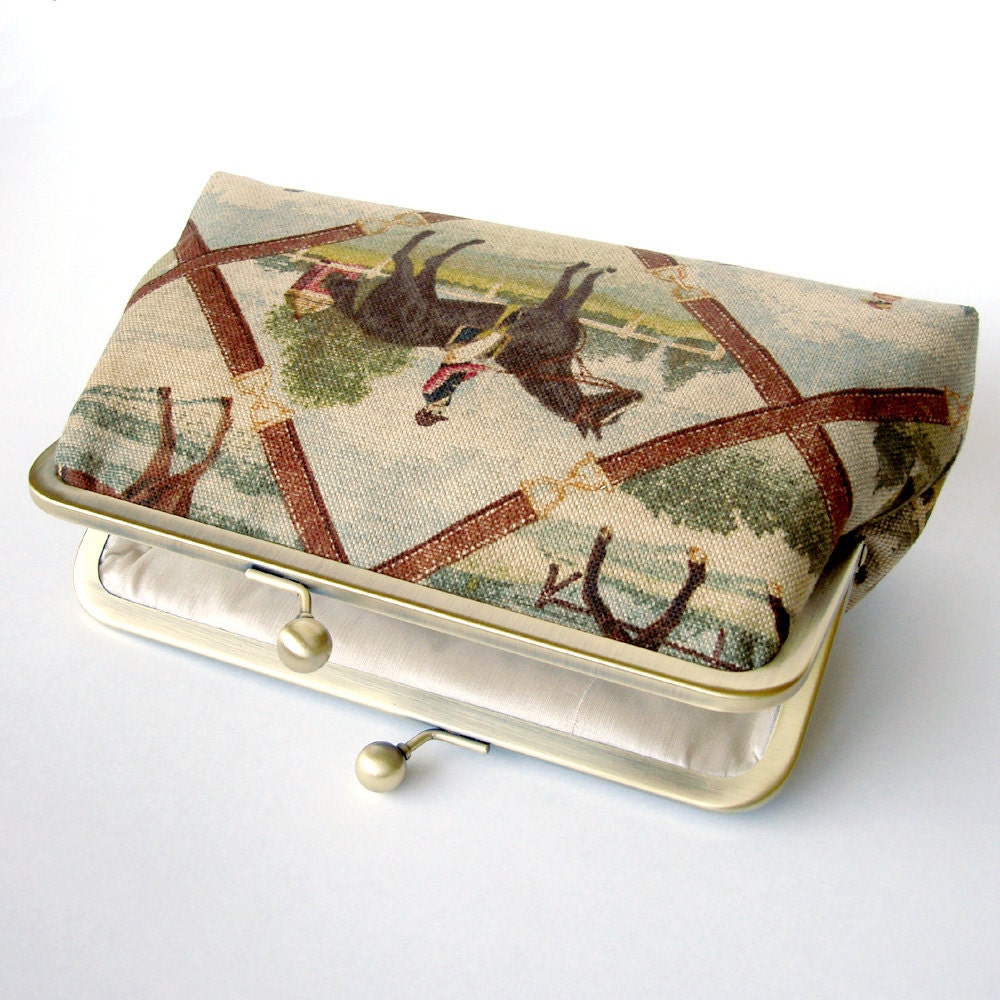 Kisslock Frame Clutch Silk Lined Jockey and Horse in Bridle Brown Royal Ascot Races Bridesmaid Bride Wedding Gifts Preppy