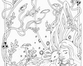 Art Nouveau style Fairy with Ermine pen and ink drawing with Poppies-