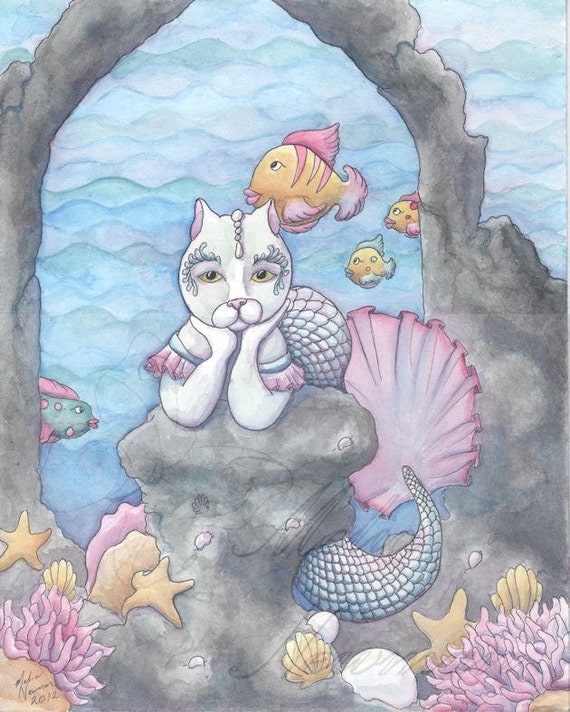 Original Mermaid Cat Watercolor painting