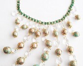 Turquoise Gold Vintage Spatter Beads, Crystal and Enamel Bookchain Big Runway Style Bib Necklace