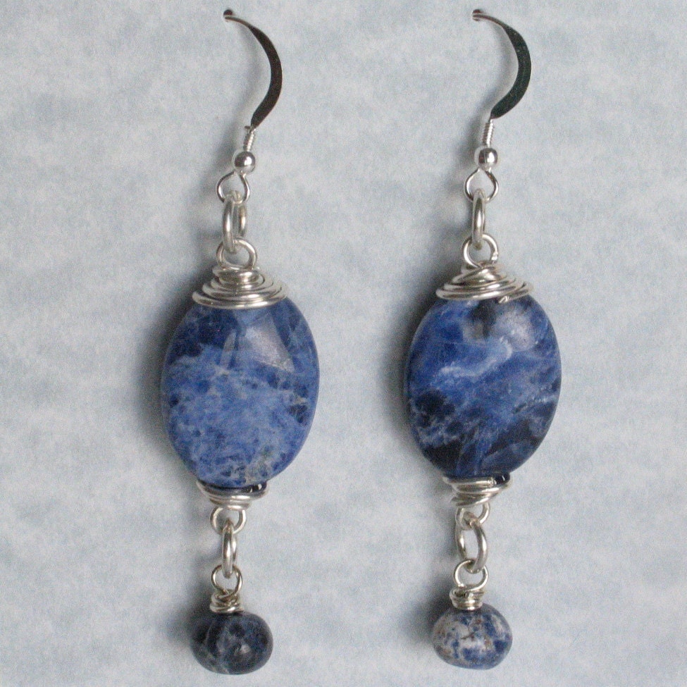 Blue Sodalite Sterling Silver Wire Wrapped Earrings