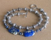 Asymmetrical Necklace Bali Sterling Silver Beads and Lapis Lazuli