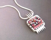 Little Square Silver Pendant with Bulls Eye and Dot Polymer clay inlay.