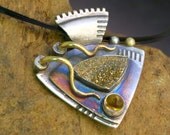 22K Gold and Silver Pendant Yellow Citrine, Rainbow Drusy, fine jewelry,  Aztec Elements