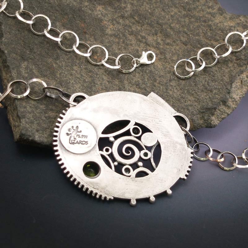 Silver Necklace with Gem stones and Iridescent Mosaic Inlay