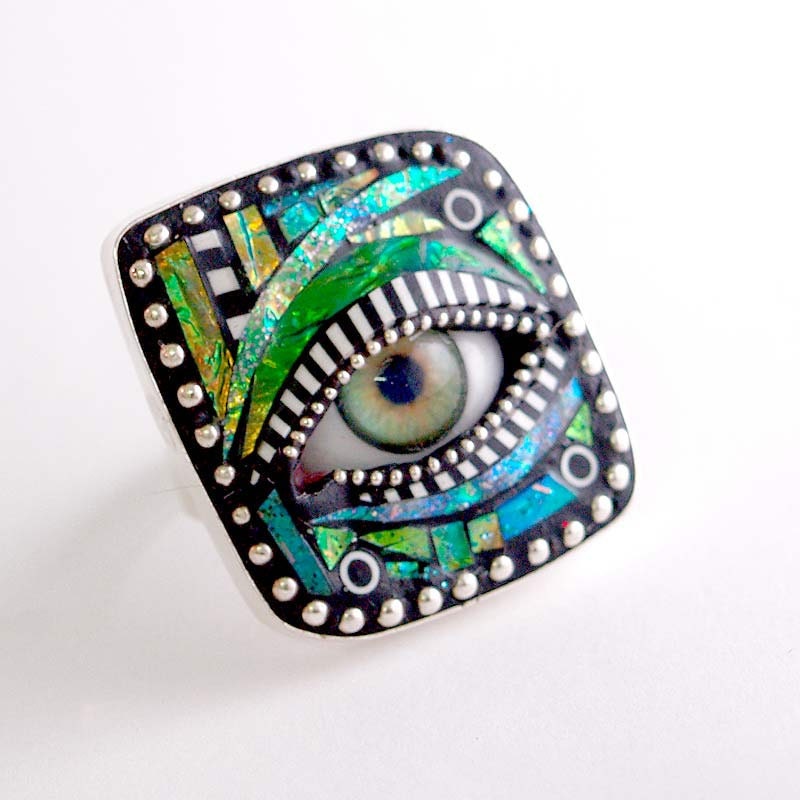 Sterling Silver Adjustable Eye Ring inlaid with Blue Green Iridescent Mosaic Polymer