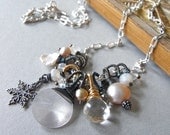 Necklace - sterling silver, wire wrapped, oxidised, mixed gemstone, freshwater pearl - Tilda