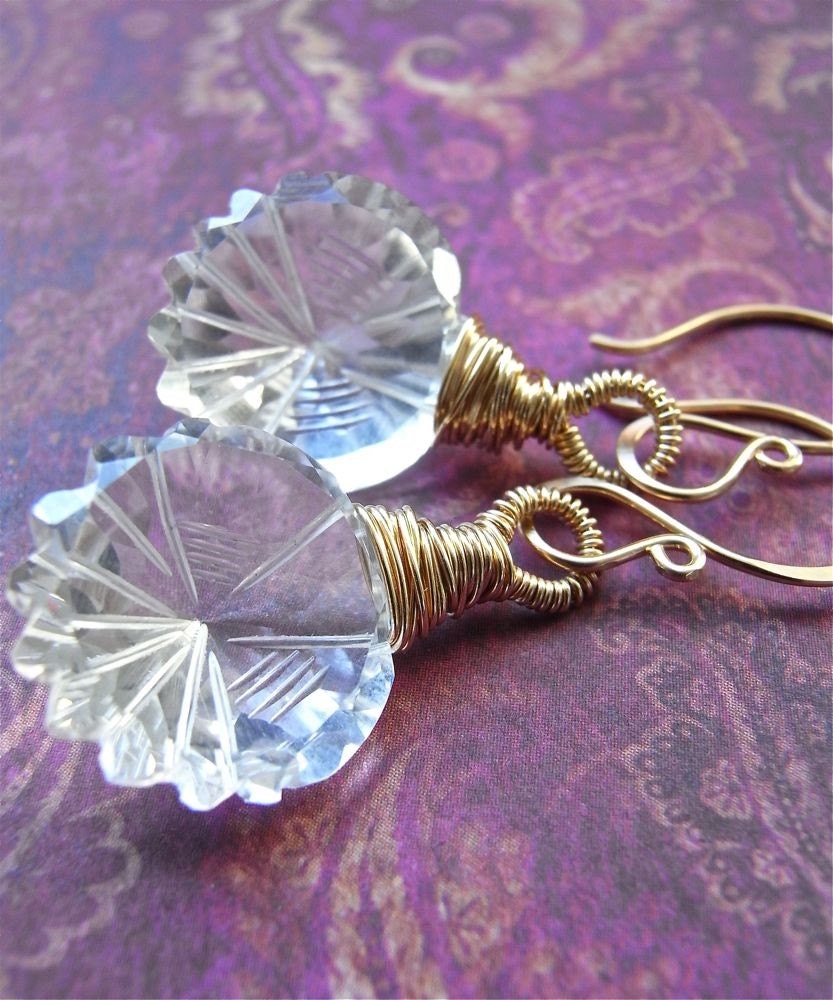 Earrings - goldfill, rock crystal quartz, carved, AAA gemstone  - Tilda