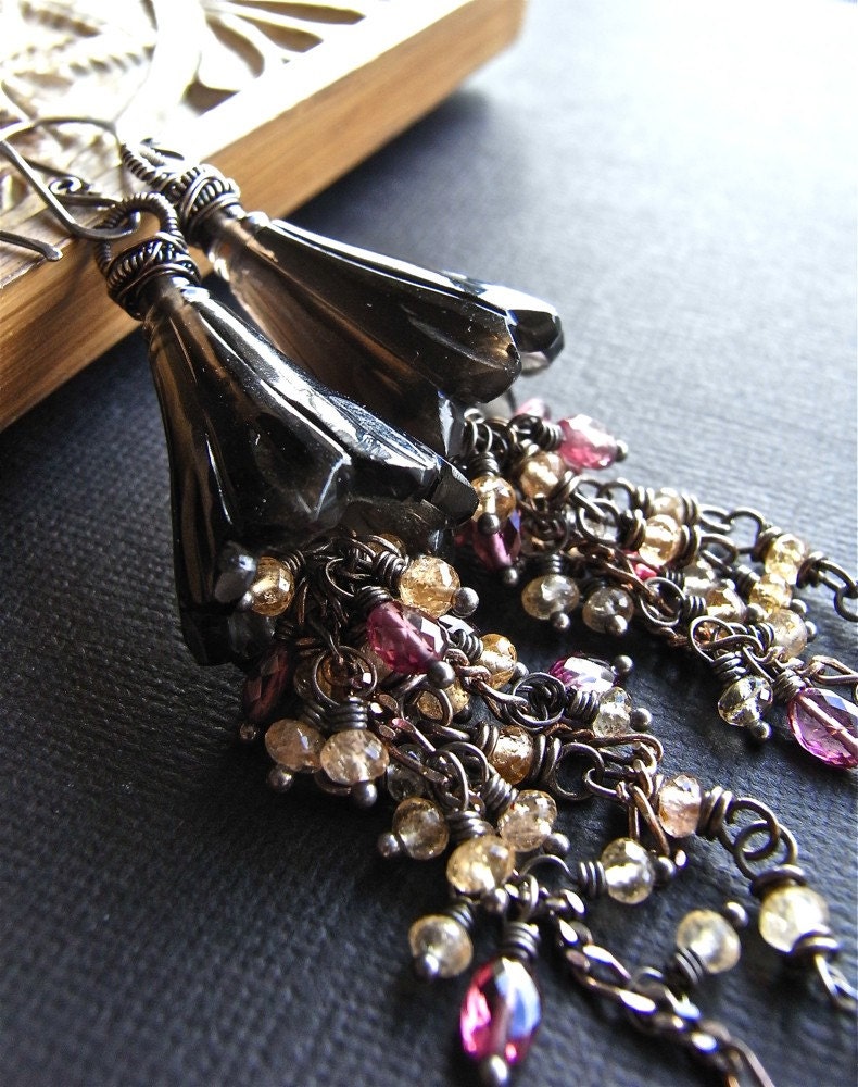 RESERVED for DA - Earrings - rubelite garnet, imperial topaz, smoky quartz, oxidised, sterling silver - Honeysuckle