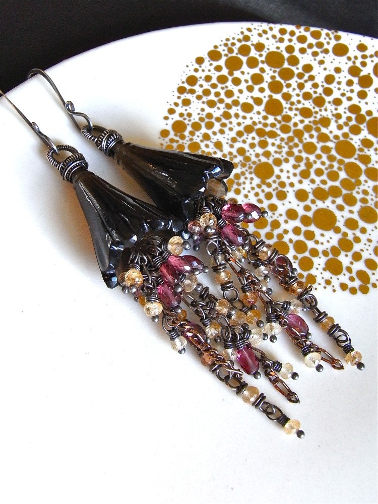 RESERVED for DA - Earrings - rubelite garnet, imperial topaz, smoky quartz, oxidised, sterling silver - Honeysuckle