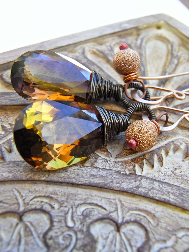 Earrings - sterling silver, oxidised, ametrine, rose gold, copper, luxe gemstone - Jaggery