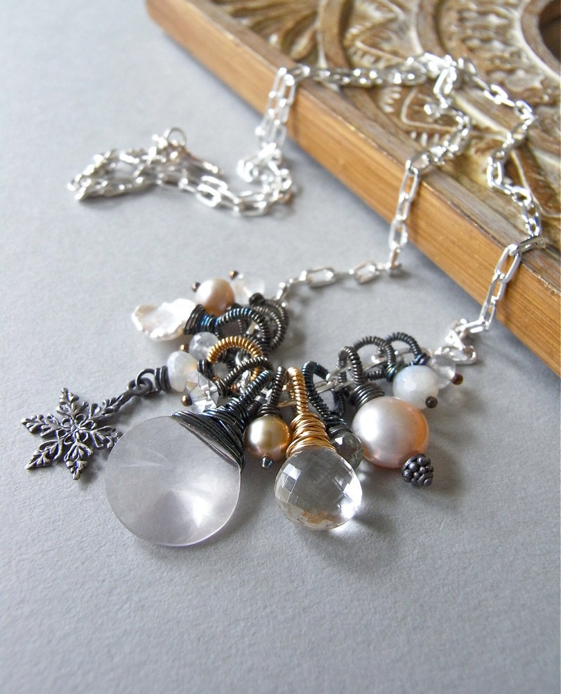 Necklace - sterling silver, wire wrapped, oxidised, mixed gemstone, freshwater pearl - Tilda