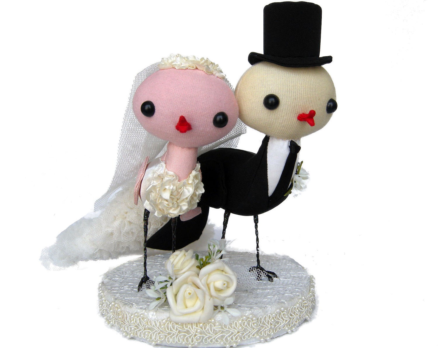 love birds cake topper - fabric sewn soft sculpture - pink and butter -5 inch large