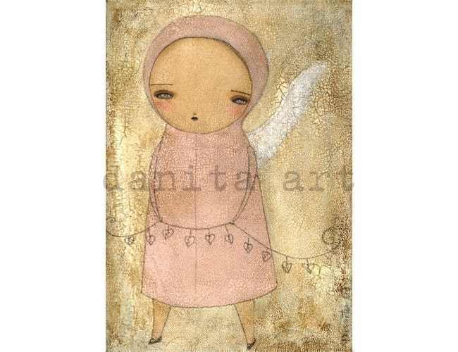The Angel Of The Broken Hearts - Folk Art Primitive Original Mixed Media Angel Portrait Painting (8x10 PRINT)
