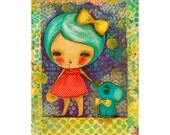 Little Blue Elephant - Giclee Print from Original Mixed Media Collage By Danita - (8x10 INCHES)