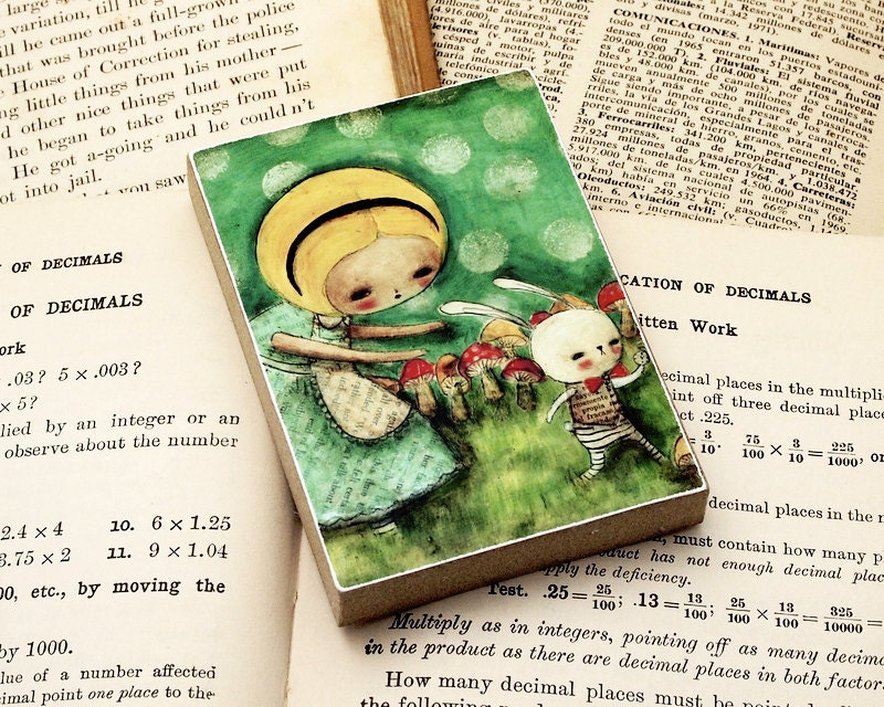 Alice Chases The White Rabbit - ACEO Giclee Reproduction Mounted On Wood Block by Danita Art (2.5  x 3.5 Inches Print)