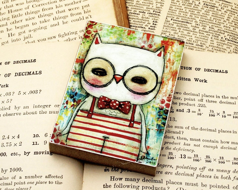Leonardo The Wise Owl - ACEO Giclee Reproduction Mounted On Wood Block by Danita Art (2.5  x 3.5 Inches Print)