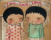 LOVE LOVE LOVE - Original Valentine Couple Collage Painting by Danita (6x8 Inches)