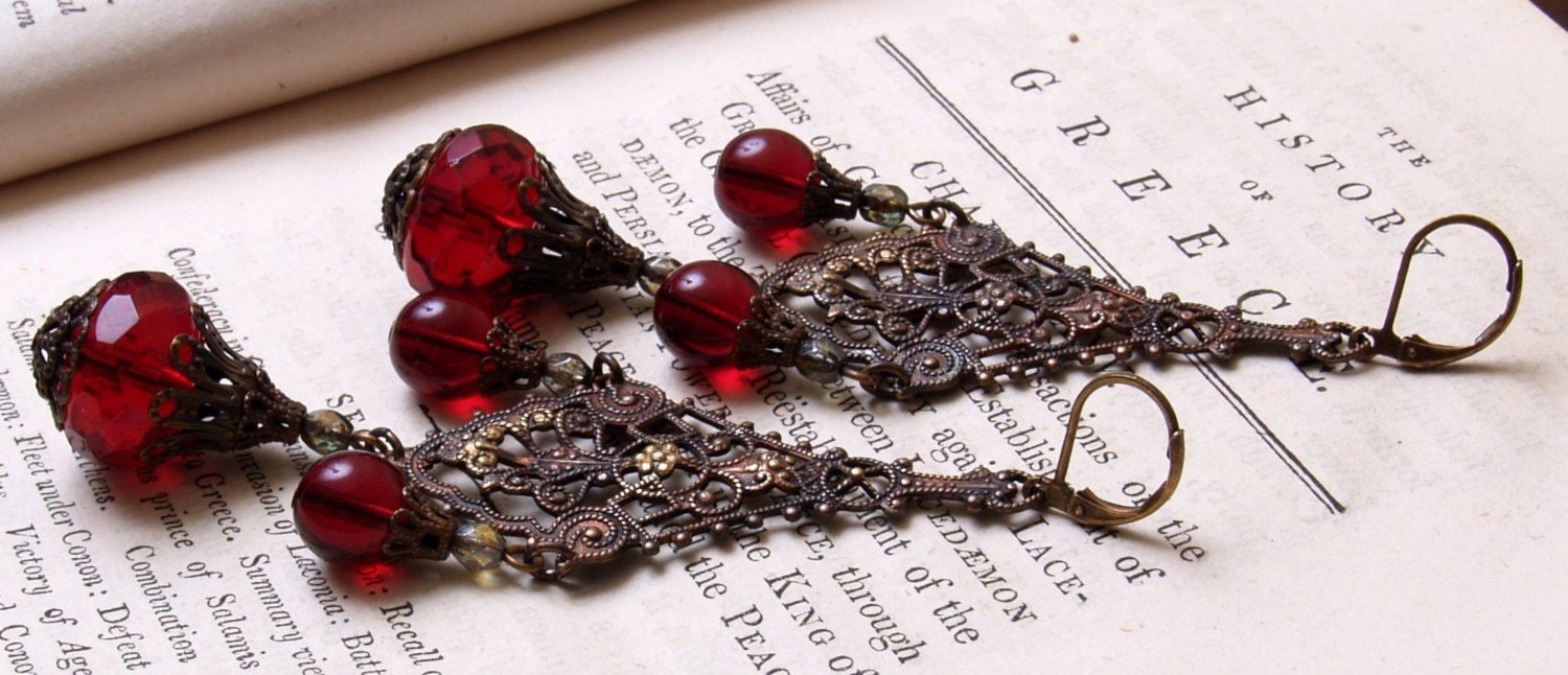 Super Long Filigree Chandelier Earrings in Deep Red