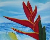 Tropical Paradise / Red Heliconica Flower at the Beach / Framed Original Oil Painting by Maria Williams
