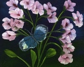 Blue Postman Butterfly Painting / Blue and White Butterfly / Pink Flowers / Framed Original Oil Art by Maria Williams