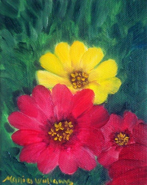 Colors of the Garden Miniature Painting / Pink and Yellow Flowers / Red and Green / Original Oil by Maria Williams