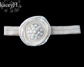 Elegant wedding garter in shimmery champagne with a soft ivory flower and large pearl center.  Ready to ship.