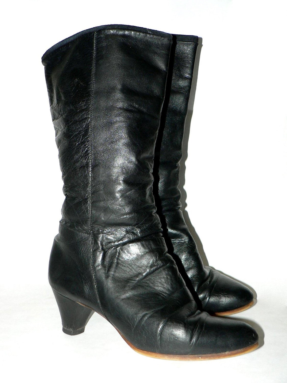 Vintage Classic TALL BLACK BOOTS Heels, Ladies Size 6 7, Vegan Dressy