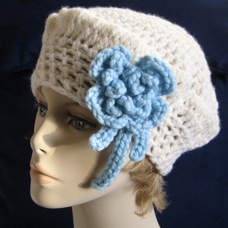 Cream Merino Crochet Tam Beret Hat with Blue Flower Brooch