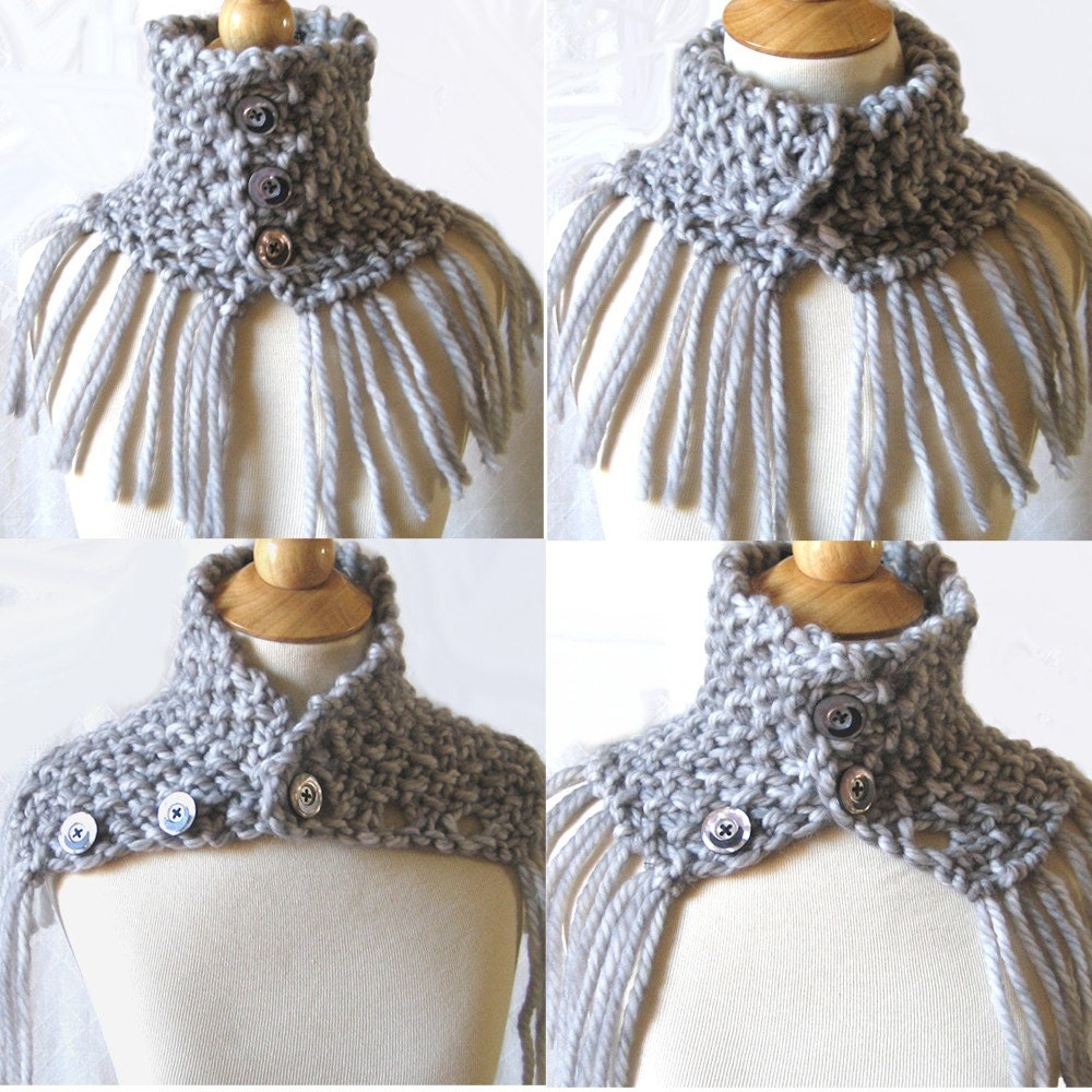 Knit Cowl Capelet in Pearl Gray Chunky Fringed Wool